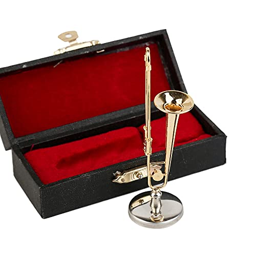 Dselvgvu Miniature Trombone with Stand and Case Brass Mini Musical Instrument Trombone Replica Collectible Figurines Dollhouse Accessories Model Home Decoration Display Ornament (3.46"x0.75") - Image 4