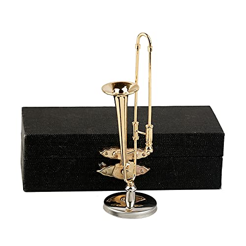 Dselvgvu Miniature Trombone with Stand and Case Brass Mini Musical Instrument Trombone Replica Collectible Figurines Dollhouse Accessories Model Home Decoration Display Ornament (3.46"x0.75") - Image 1