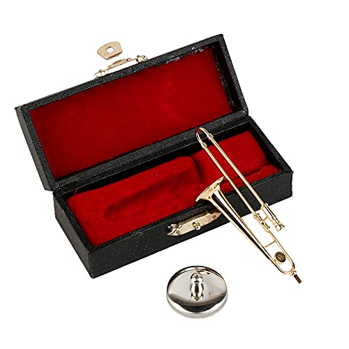 Dselvgvu Miniature Trombone with Stand and Case Brass Mini Musical Instrument Trombone Replica Collectible Figurines Dollhouse Accessories Model Home Decoration Display Ornament (3.46"x0.75") - Image 5