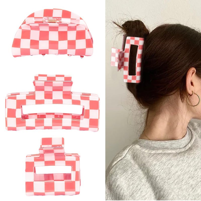 Pink  White Checkered Hair Clips 3 Count  Vintage Aesthetic Y2K Hair Accessories for Women Girls Claw Clips for Thick Thin Hair 3Pcs Set with Square Semicircle Rectangle Shapes