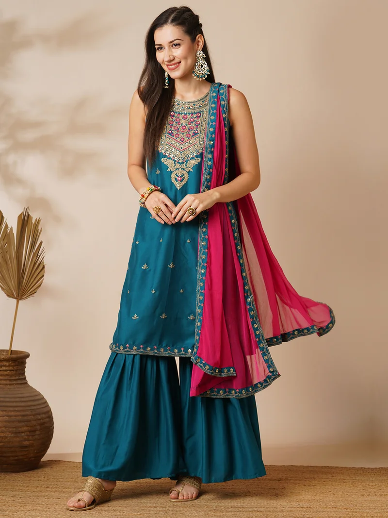 globus Globus Women Ethnic Motifs Yoke Design Sequinned Straight Kurta With Sharara & Dupatta Festive Set