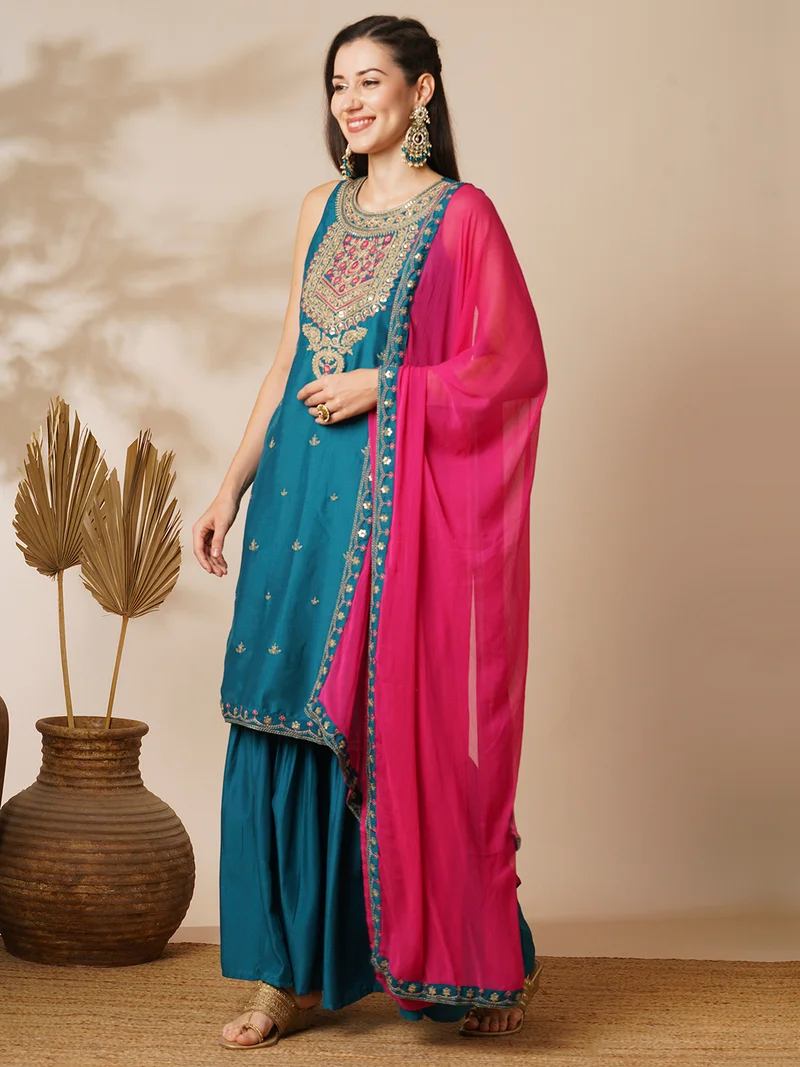 globus Globus Women Ethnic Motifs Yoke Design Sequinned Straight Kurta With Sharara & Dupatta Festive Set