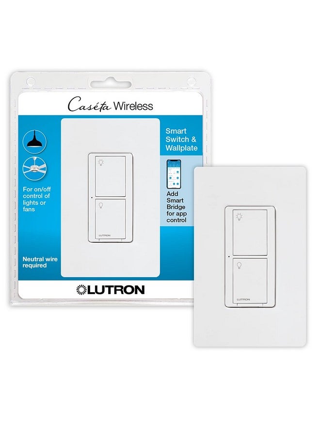 LUTRON Lutron Caseta Original Smart Switch with Wallplate (Lutron Smart Hub Required), for LED Lights and Fans, 5 Amp, Single-Pole/3Way, Neutral Required, PDW-5ANS-WH-A, White  - Image 1