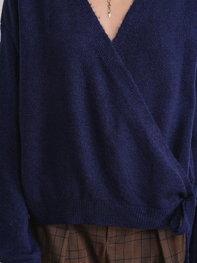 MixRay Mixray Ribbed V-Neck Tie-Front Cardigan