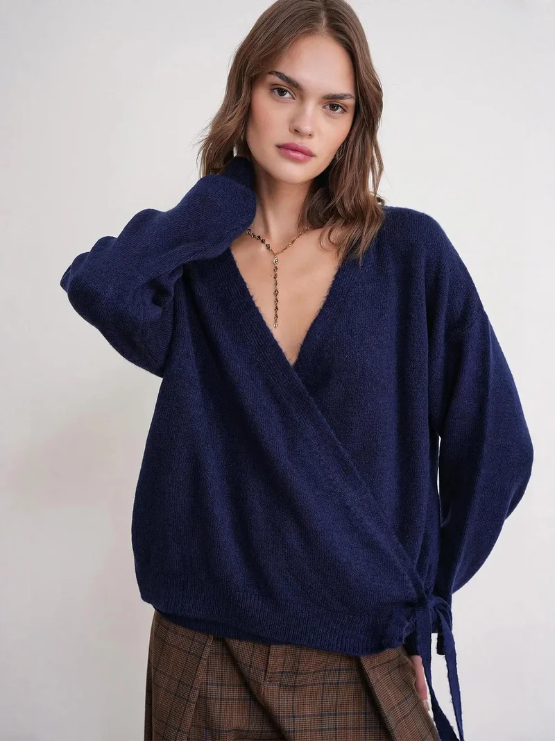 MixRay Mixray Ribbed V-Neck Tie-Front Cardigan