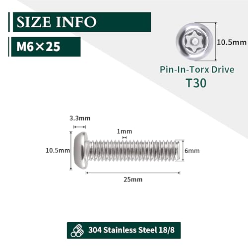 EASTLO M6-1.0 x 25mm Button Head Security Torx Machine Screws 30 PCS, 304 Stainless Steel 18-8, Tamper Resistant, Full Thread, Bright Finish, Includes Torx Driver Bit - Image 3