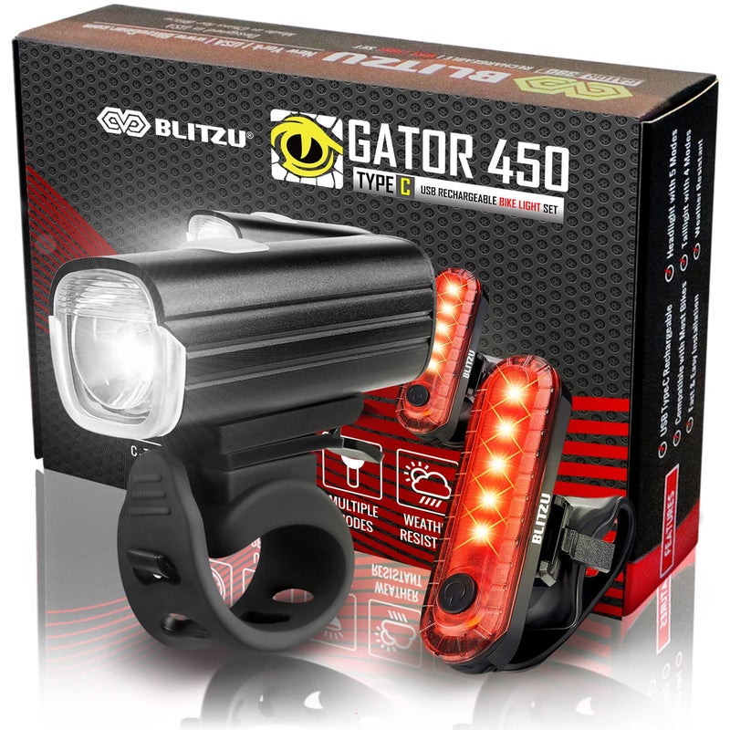 BLITZU Bike Lights Set â€“ Gator 450 LED USB-C Rechargeable Headlight & Rear Taillight with Front and Back Bike Reflectors â€“ Bicycle Accessories for Night Riding, Men & Kids - Image 1