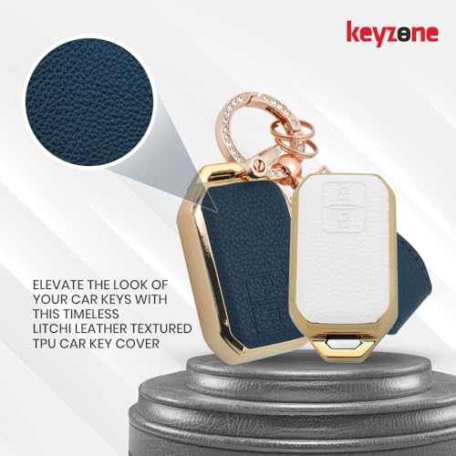 keyzone litchi leather textured TPU key cover & keychain for Victoris, Baleno, Jimny, Swift, Ertiga, Grand Vitara, XL6, Brezza, Fronx, Dzire, Glanza, Urban Cruiser Hyryder 2 button smart key (White) - Image 4
