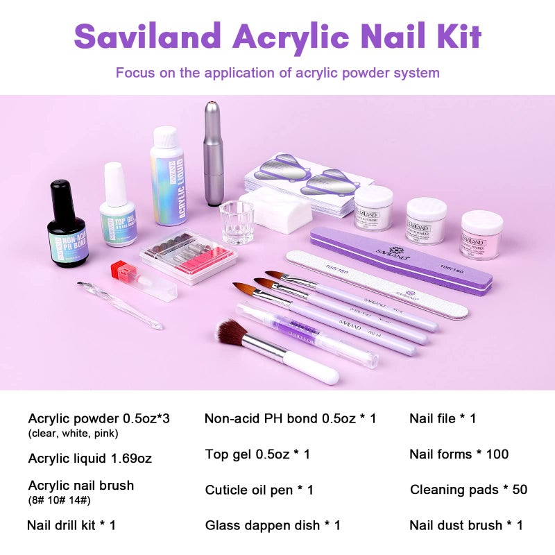 SAVILAND Acrylic Nail Kit with Drill: Professional 0.5Oz Clear/White/Pink Acrylic Powder and 50ml Liquid Set with Drill Nail Brush Forms Tool Extension Set for Beginners with Everything Home DIY Salon - Image 2