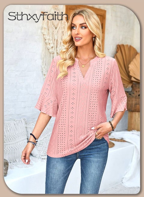 السيدات الصيف أنيقة تي شيرت الخامس الرقبة كشكش قصيرة الأكمام الأعلى عارضة الشيفون قميص بارد ، ومناسبة لارتداء اليومي