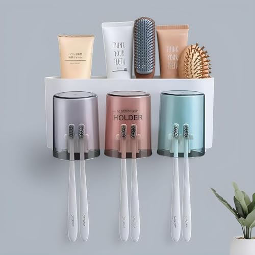 SWAZE Wall Mounted Toothbrush Holder for Bathroom - Stickable Brush Stand with Cover | Tooth Brush & Paste Holder for Bathroom Wall | Bathroom Brush Holder for Wash Basin | Plastic Stand Set (3 Cups) - Image 1
