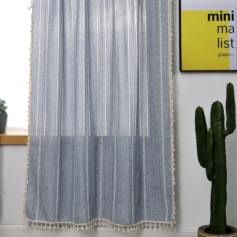 RoomTalks Boho Curtains for Bedroom Living Room 63 Inch Length Light Blue Country Farmhouse Cottage Window Curtain Panels Embroidery Striped Bohemian Tassel Draperies (63’’L x 52’’W, Blue) - Image 3