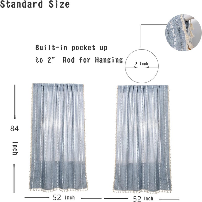 RoomTalks Boho Curtains for Bedroom Living Room 63 Inch Length Light Blue Country Farmhouse Cottage Window Curtain Panels Embroidery Striped Bohemian Tassel Draperies (63’’L x 52’’W, Blue) - Image 4