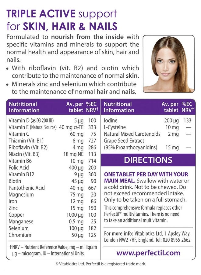 Perfectil Vitabiotics, Perfectil Triple Active, Essential Nutrients To Help Maintain Healthy Skin, Hair & Nails, 30-Count Boxes (Pack Of 2) - Image 4