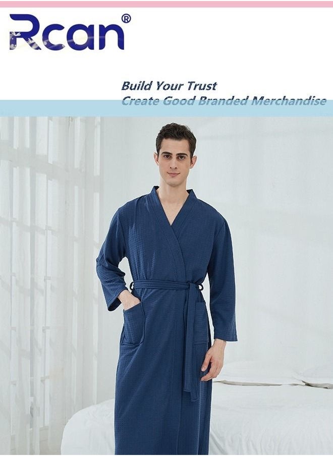 Rcan - Waffle Cotton Nightgown Adjustable Tie Loose Kimono with Pockets Long Cardigan Knee Length Soft Lightweight Absorbent Bathrobe Casual Loungewear for Men's Home Spa - Image 1