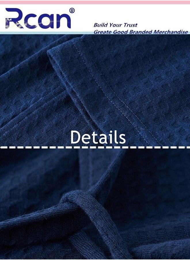 Rcan - Waffle Cotton Nightgown Adjustable Tie Loose Kimono with Pockets Long Cardigan Knee Length Soft Lightweight Absorbent Bathrobe Casual Loungewear for Men's Home Spa - Image 1