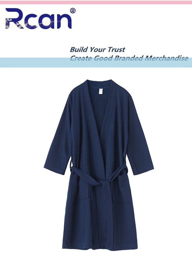 Rcan - Waffle Cotton Nightgown Adjustable Tie Loose Kimono with Pockets Long Cardigan Knee Length Soft Lightweight Absorbent Bathrobe Casual Loungewear for Men's Home Spa - Image 1