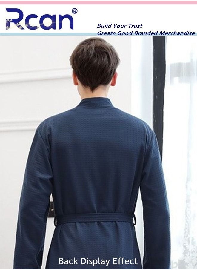 Rcan - Waffle Cotton Nightgown Adjustable Tie Loose Kimono with Pockets Long Cardigan Knee Length Soft Lightweight Absorbent Bathrobe Casual Loungewear for Men's Home Spa - Image 1