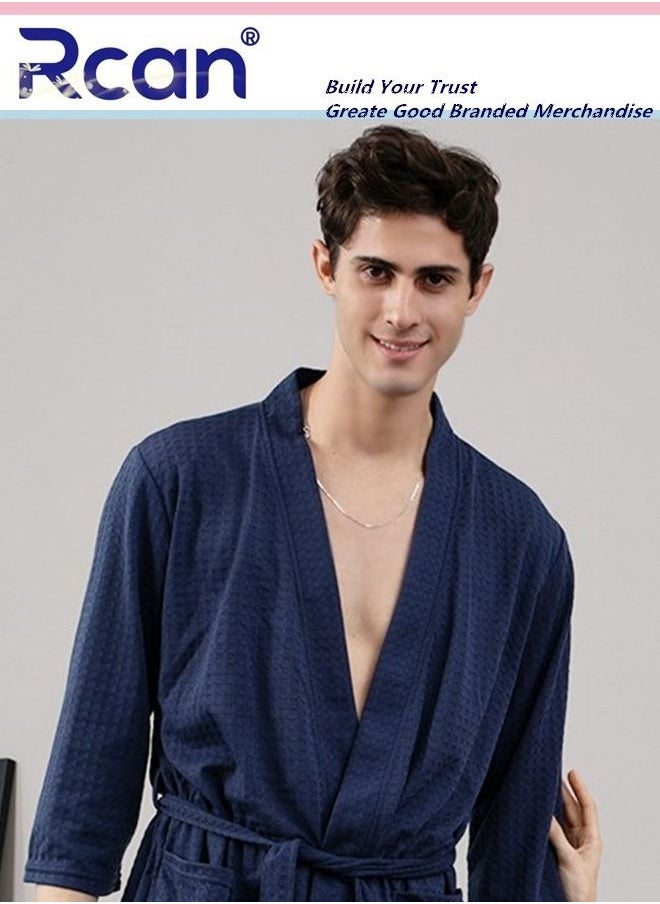 Rcan - Waffle Cotton Nightgown Adjustable Tie Loose Kimono with Pockets Long Cardigan Knee Length Soft Lightweight Absorbent Bathrobe Casual Loungewear for Men's Home Spa - Image 1
