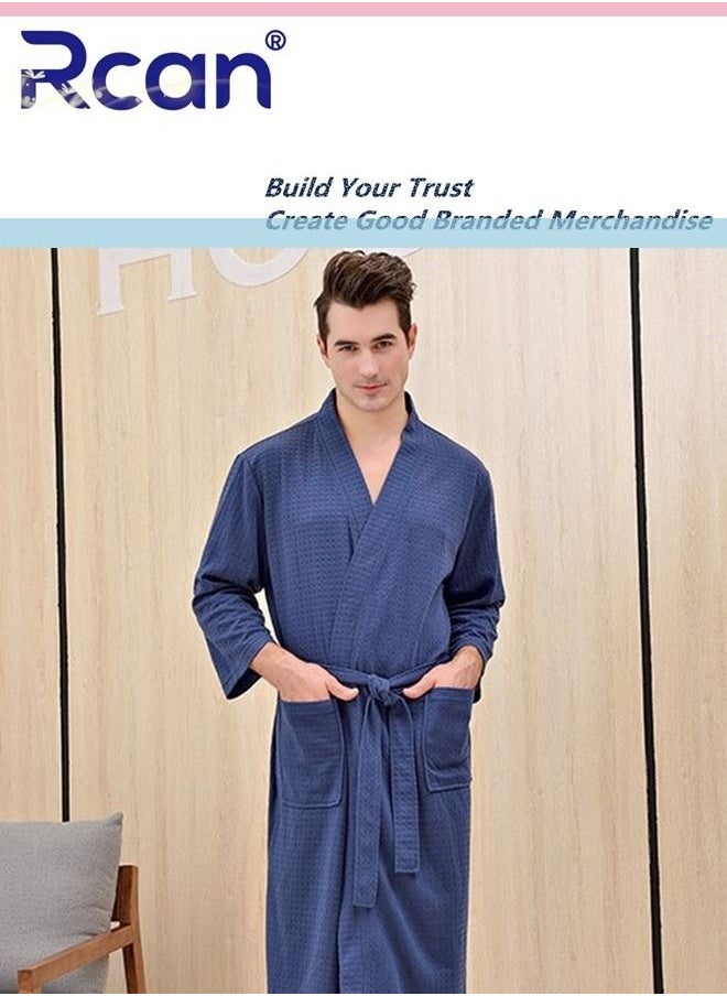 Rcan - Waffle Cotton Nightgown Adjustable Tie Loose Kimono with Pockets Long Cardigan Knee Length Soft Lightweight Absorbent Bathrobe Casual Loungewear for Men's Home Spa - Image 1