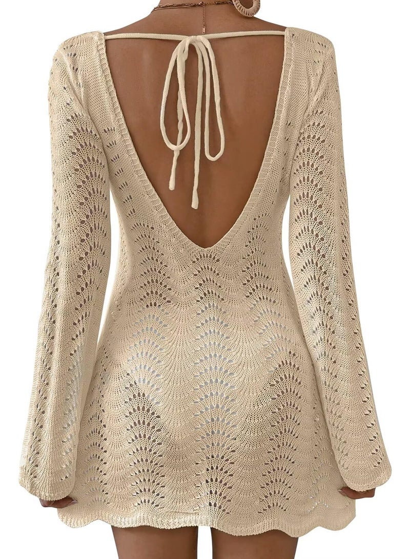 Falechay Beach Cover Ups For Women Womens Swimsuit Cover Up Swimwear Swim Suits Sexy Coverups Bathing Suit Summer Bikini Open Back Long Sleeve Coverup Sheer Cute Resort Fall Vacation Clothes Apricot L - Image 1