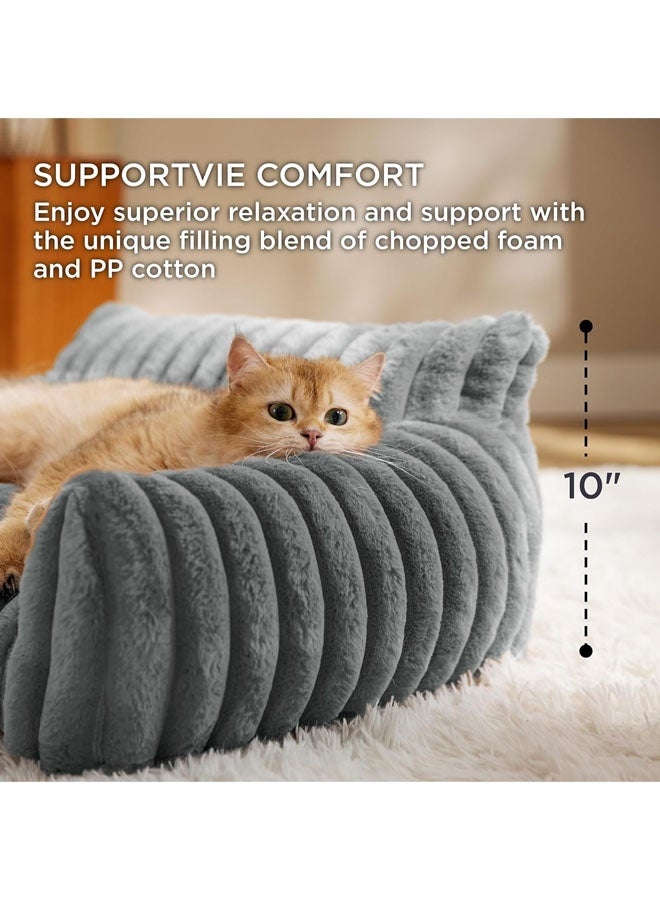 L&E Cute Cat Couch for Pets - Fluffy Cat Sofa with Premium Soft Corduroy Fleece, Fuzzy Cat Couch Bed with Removable Washable Cover, Supportive Cat Chair for Indoor Cats - Image 2