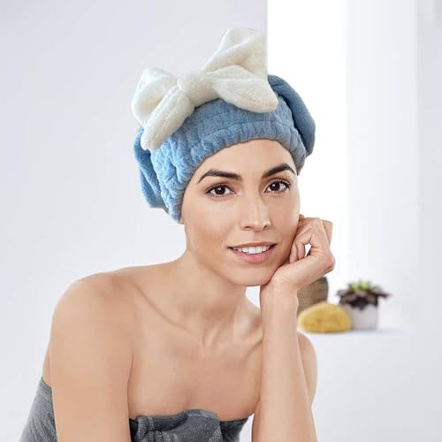 Fezora Super Absorbent Hair Towel Wrap for Wet Hair, Fast Drying Microfiber Hair Drying Towel Cap with Bow-Knot, Microfiber Hair Towel Wrap for Women (Sky Blue) - Image 3