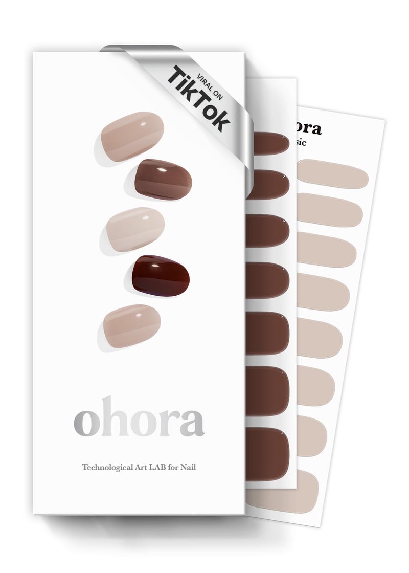 شرائط أظافر جل شبه معالجة من أوهورة باللون البني المحمص تعمل مع أي مصابيح UV/LED بجودة صالون تدوم طويلاً وسهلة التطبيق والإزالة تشمل 2 وسادة تحضير ومبرد أظافر وعصا خشبية