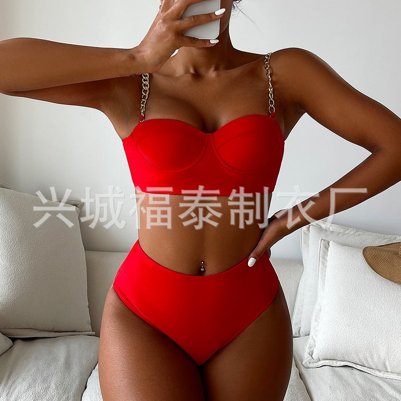 Metal Chain Strap Steel Bracket Push Up Split Swimsuit Women'S Bikini Export - Image 5