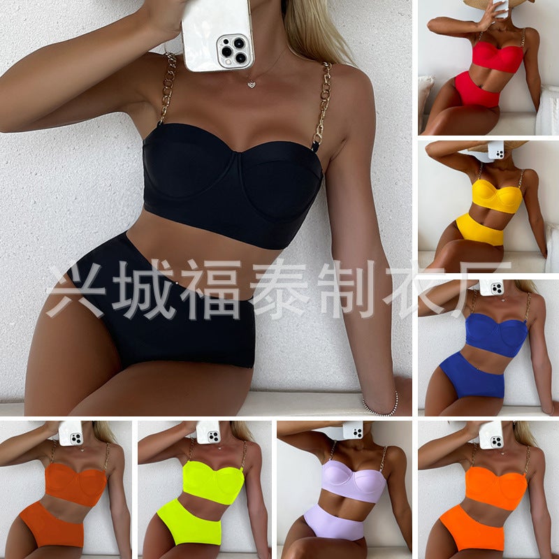 Metal Chain Strap Steel Bracket Push Up Split Swimsuit Women'S Bikini Export - Image 2