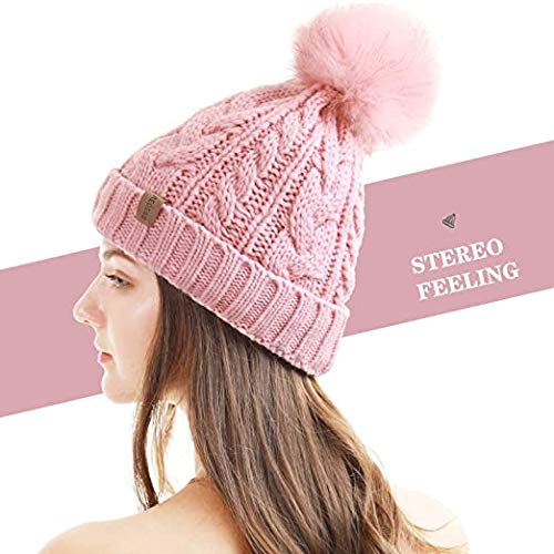 Krystle Girl's & Women Winter Pompom Beanie Hat with Warm Fleece Lined, Thick Slouchy Snow Knit Skull Ski Cap (Pink) - Image 3