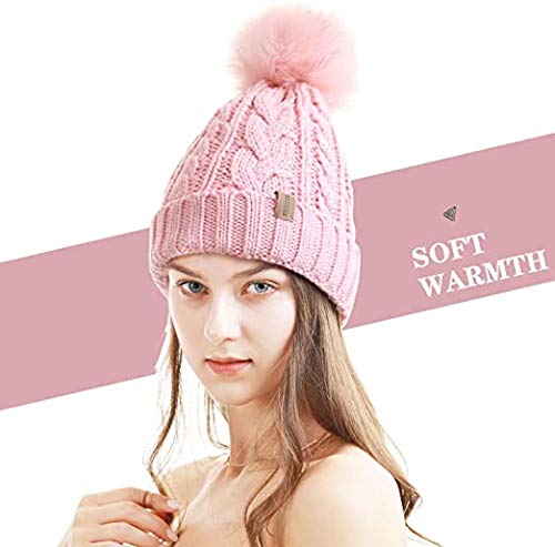 Krystle Girl's & Women Winter Pompom Beanie Hat with Warm Fleece Lined, Thick Slouchy Snow Knit Skull Ski Cap (Pink) - Image 4