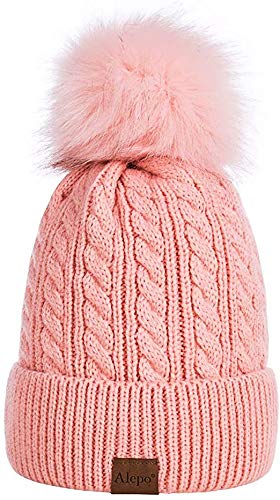Krystle Girl's & Women Winter Pompom Beanie Hat with Warm Fleece Lined, Thick Slouchy Snow Knit Skull Ski Cap (Pink) - Image 1