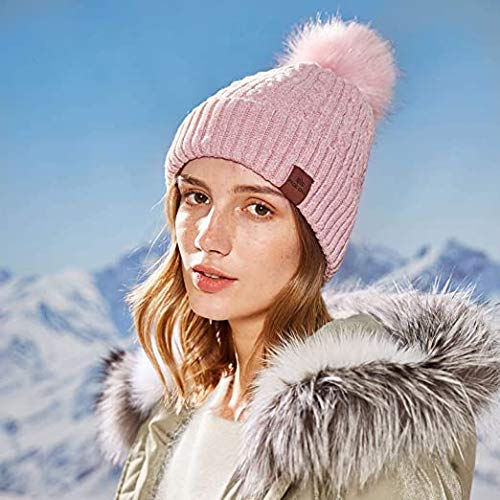 Krystle Girl's & Women Winter Pompom Beanie Hat with Warm Fleece Lined, Thick Slouchy Snow Knit Skull Ski Cap (Pink) - Image 2