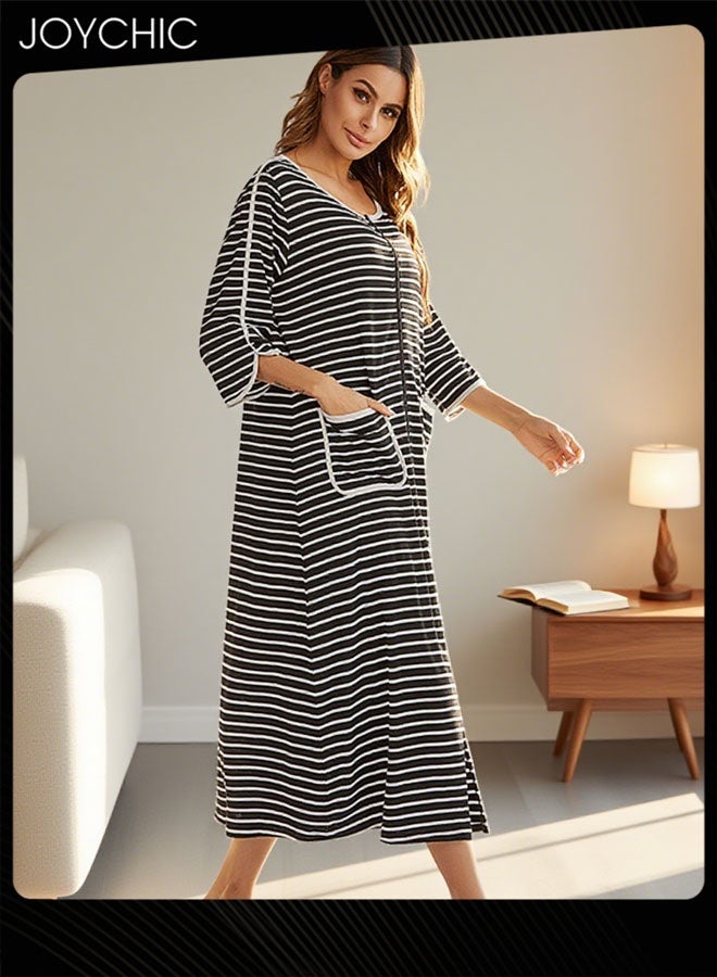 Joychic Spring and Summer Women Casual Home Wear Loose Comfortable Three-quarter-sleeved Long Pajamas Round Collar Striped Nightgown Black+White - Image 4
