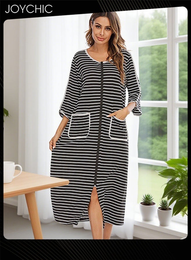 Joychic Spring and Summer Women Casual Home Wear Loose Comfortable Three-quarter-sleeved Long Pajamas Round Collar Striped Nightgown Black+White - Image 1