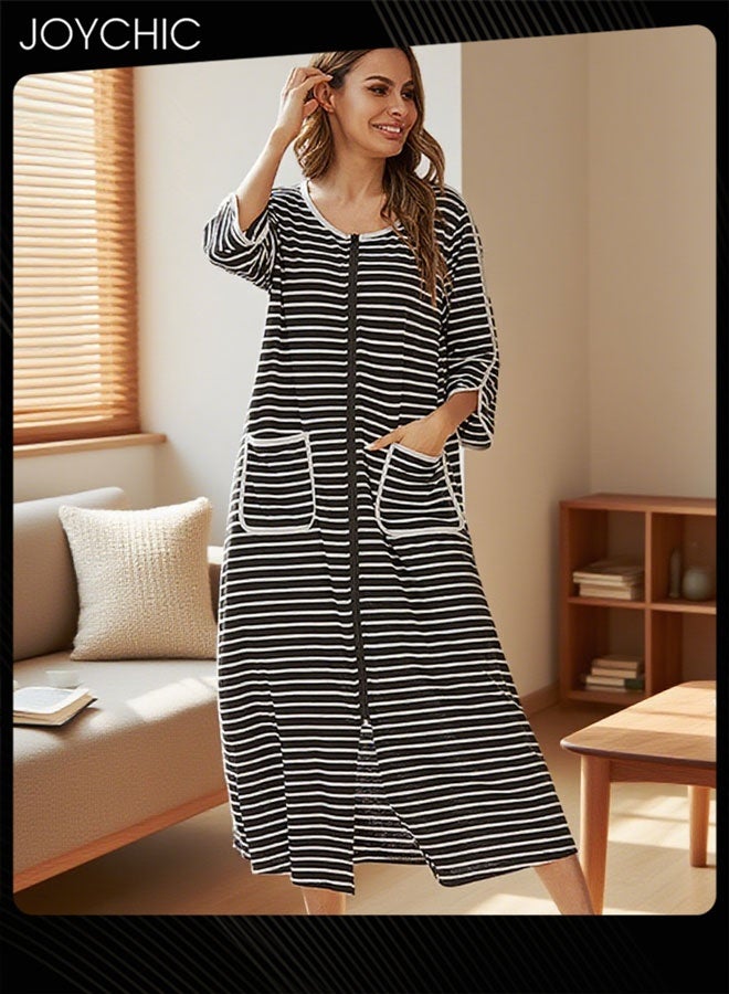 Joychic Spring and Summer Women Casual Home Wear Loose Comfortable Three-quarter-sleeved Long Pajamas Round Collar Striped Nightgown Black+White - Image 3