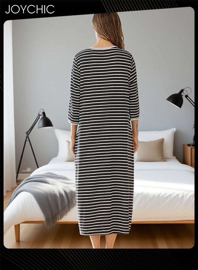 Joychic Spring and Summer Women Casual Home Wear Loose Comfortable Three-quarter-sleeved Long Pajamas Round Collar Striped Nightgown Black+White - Image 2