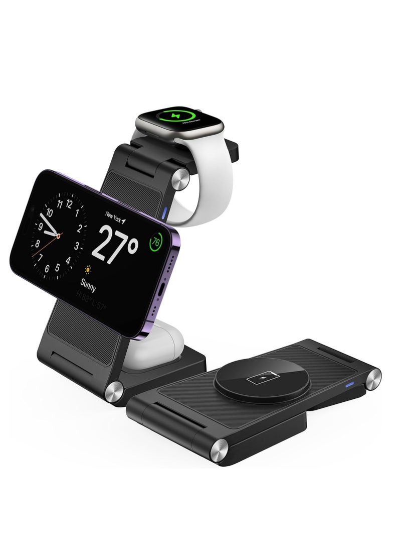 General Magnetic Wireless Charger Stand, 3 in 1 Foldable Wireless Charging Station, Travel Charger for Multiple Devices for iPhone 15 14 13 12 Series, Apple Watch Ultra/SE/9/8/7/6/5/4/3/2  - Image 1