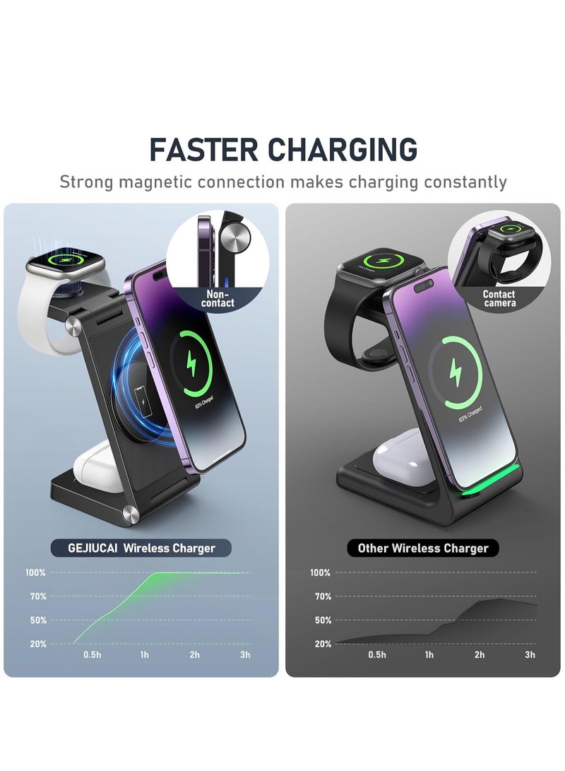 General Magnetic Wireless Charger Stand, 3 in 1 Foldable Wireless Charging Station, Travel Charger for Multiple Devices for iPhone 15 14 13 12 Series, Apple Watch Ultra/SE/9/8/7/6/5/4/3/2  - Image 3