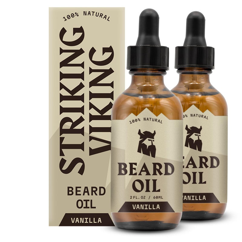 Striking Viking Striking Viking Beard Oil for Men  2 Fl Oz Pack of 2 Vanilla Scent  Naturally Derived Conditioner with Almond Tea Tree Argan  Jojoba Oil for Beard Growth Softening  Moisturizing