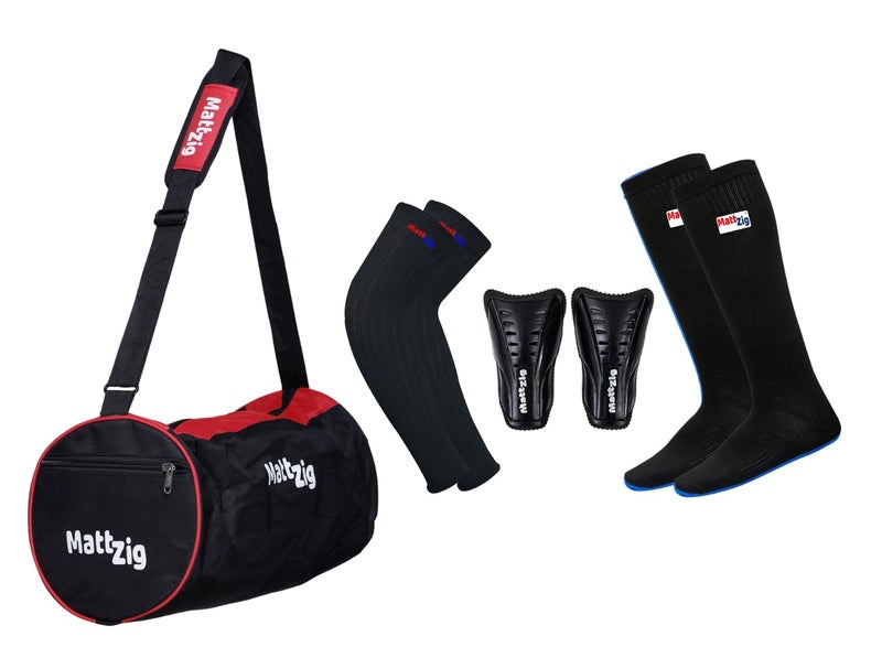 MATTZIG ® Club Football Kit (One Pair of Knee Length Lycra Cotton Socks + One Pair of Shin Guard + One Pair of Cotton Arm Sleeves + One Kit Bag) (Black/Red) - Image 1