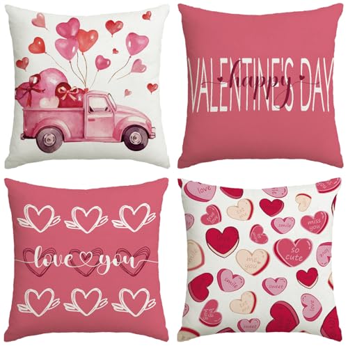 YOSICHY Valentines Day Decorations-Valentine Pillow Covers 18x18 Set of 4, Pink Hearts Love You Happy Valentine's Day Throw Outdoor Pillow Covers Anniversary Wedding Cushion Case for Home Sofa Couch Decor - Image 1
