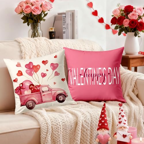 YOSICHY Valentines Day Decorations-Valentine Pillow Covers 18x18 Set of 4, Pink Hearts Love You Happy Valentine's Day Throw Outdoor Pillow Covers Anniversary Wedding Cushion Case for Home Sofa Couch Decor - Image 2