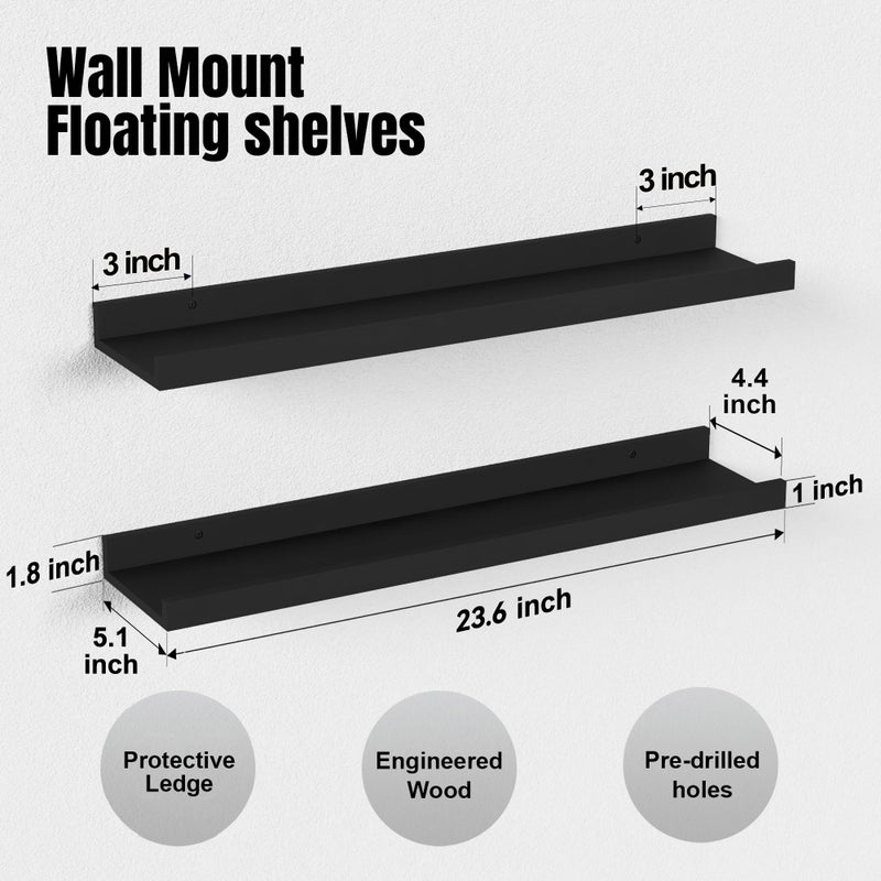 Boswillon Long Floating Shelves, 2 Set Modern Black Wall Shelf for Bedroom, Nursery Book Shelf with Lip, Picture Ledge Shelf for Living Room Bathroom Kitchen - Black,23.6 In - Image 2