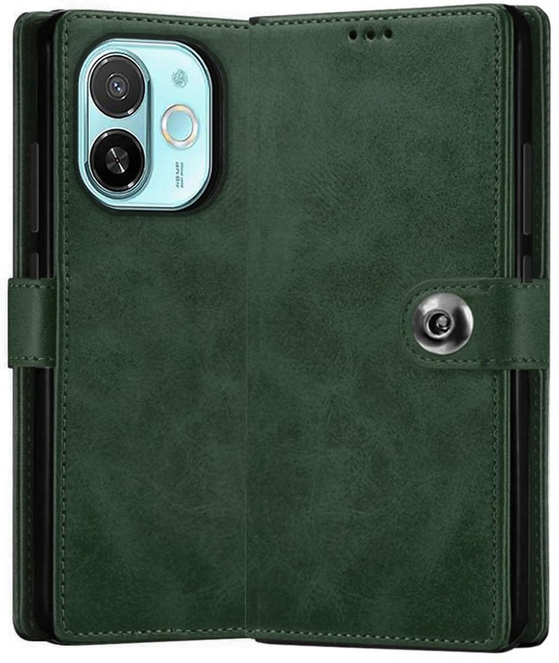 SHINESTAR Ultimate Leather Finish Flip Back Cover for Tecno Pop 9 5G | Tecno Spark 30C 5G| Inside TPU & Inbuilt Stand | Wallet Style Back Cover Case | Stylish Button Magnetic Closure - Green - Image 5