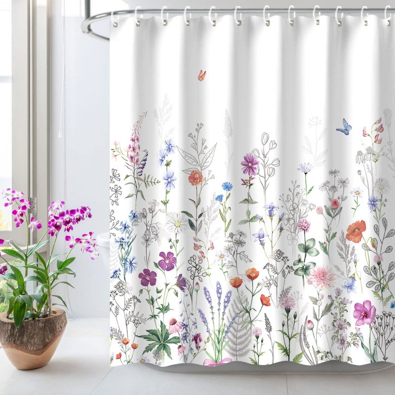 LIVILAN Floral Shower Curtain Butterfly Showers for Bathroom Lilac with Hooks Watercolor Floral Decor Pretty Wildflower Purple 72 W x 78 H