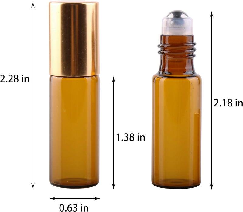MAXMAU Glass Bottles with Metal Ball Roller for Essential Oils - 24 Pack 5mL Amber Bottles - Refillable - Image 4