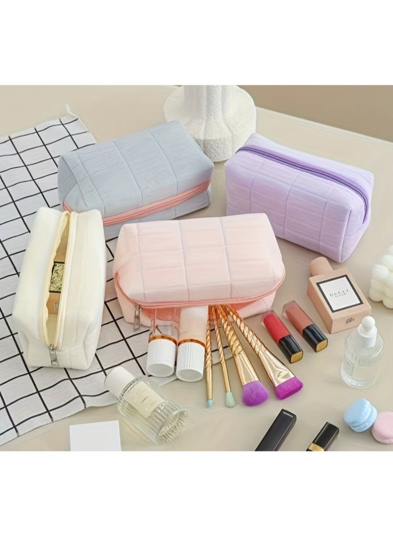 Light Blue Soft Quilted Makeup Bag with Pink Zipper – Large Capacity Plush Cosmetic & Toiletry Organizer | Portable Travel Storage Pouch for Skincare, Makeup Brushes, Beauty Accessories & Daily Essentials - Image 2