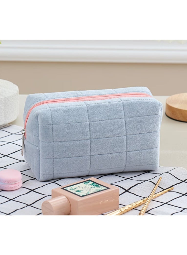 Light Blue Soft Quilted Makeup Bag with Pink Zipper – Large Capacity Plush Cosmetic & Toiletry Organizer | Portable Travel Storage Pouch for Skincare, Makeup Brushes, Beauty Accessories & Daily Essentials - Image 1